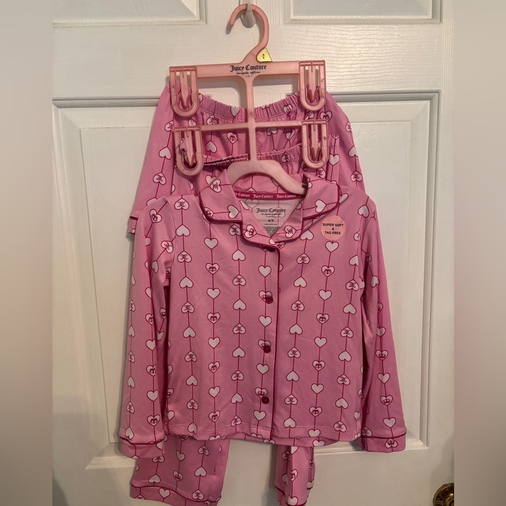 NWT Juicy Couture 3PC PJs 4/5 Pink Heart Flannel Set
